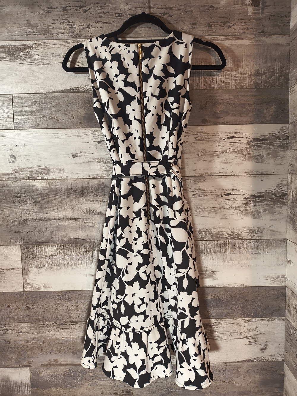 Calvin Klein Black & Cream Floral Belted Ruffle Hem Dress